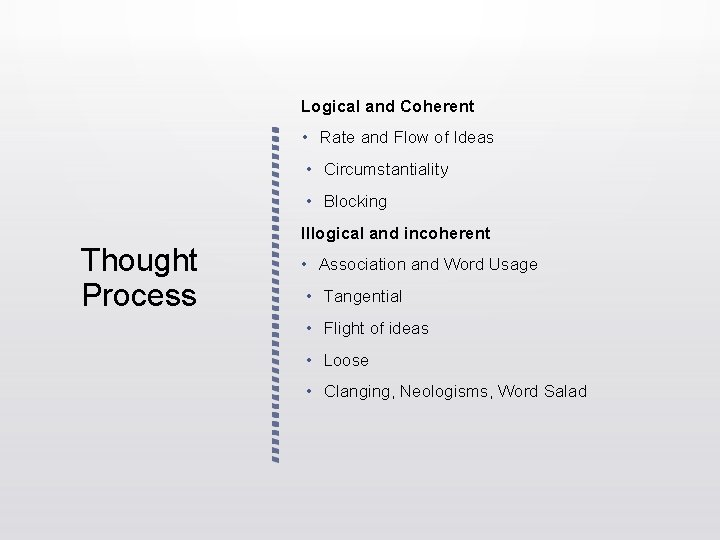 Logical and Coherent • Rate and Flow of Ideas • Circumstantiality • Blocking Illogical Logical and Coherent • Rate and Flow of Ideas • Circumstantiality • Blocking Illogical