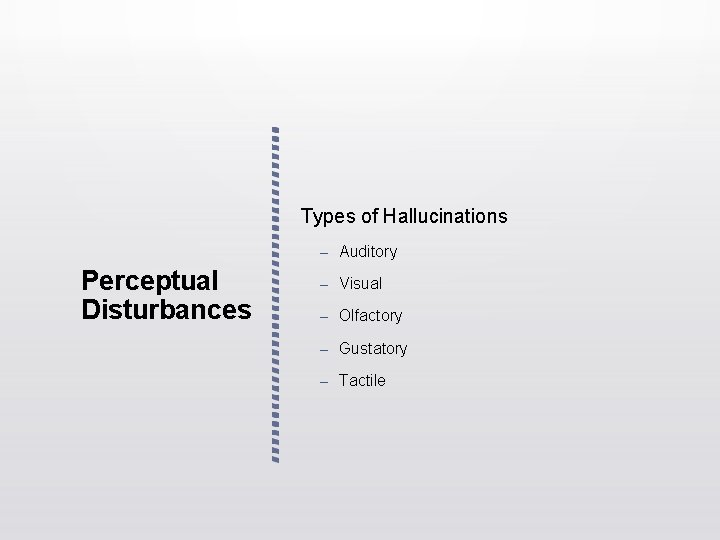 Types of Hallucinations – Auditory Perceptual Disturbances – Visual – Olfactory – Gustatory – Types of Hallucinations – Auditory Perceptual Disturbances – Visual – Olfactory – Gustatory –