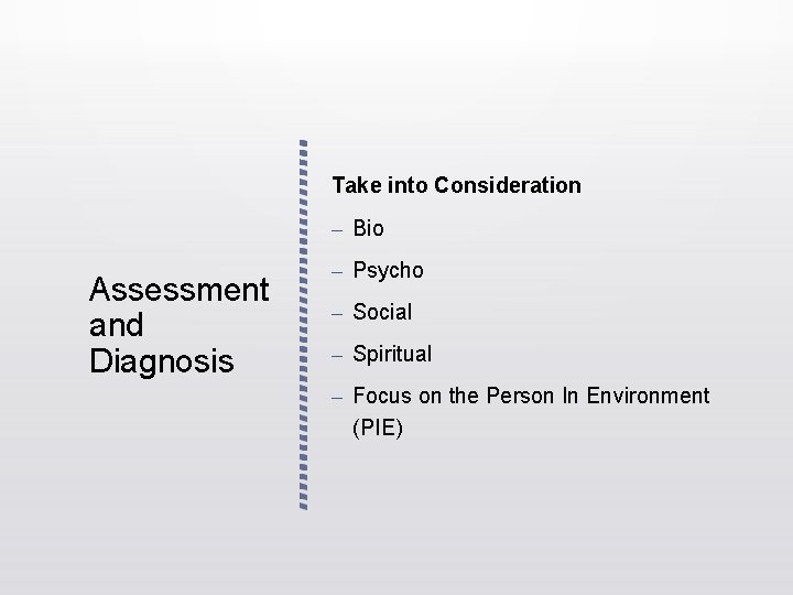Take into Consideration – Bio Assessment and Diagnosis – Psycho – Social – Spiritual Take into Consideration – Bio Assessment and Diagnosis – Psycho – Social – Spiritual