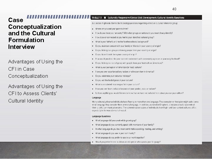 40 Case Conceptualization and the Cultural Formulation Interview Advantages of Using the CFI in 40 Case Conceptualization and the Cultural Formulation Interview Advantages of Using the CFI in