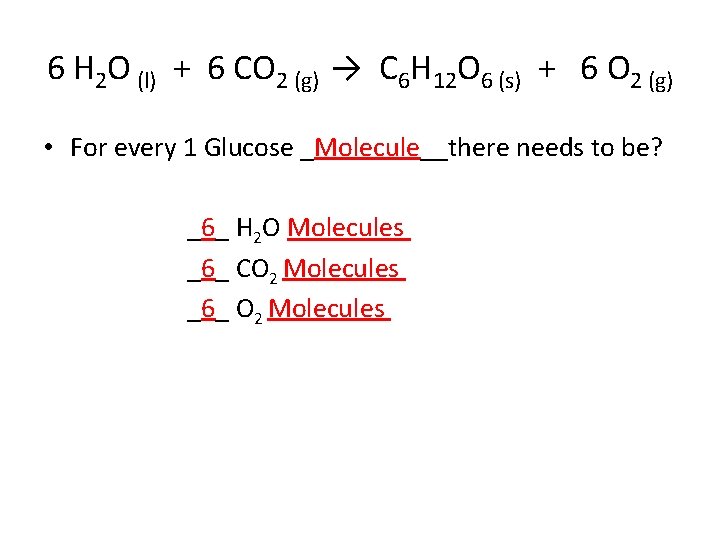 6 H 2 O (l) + 6 CO 2 (g) → C 6 H