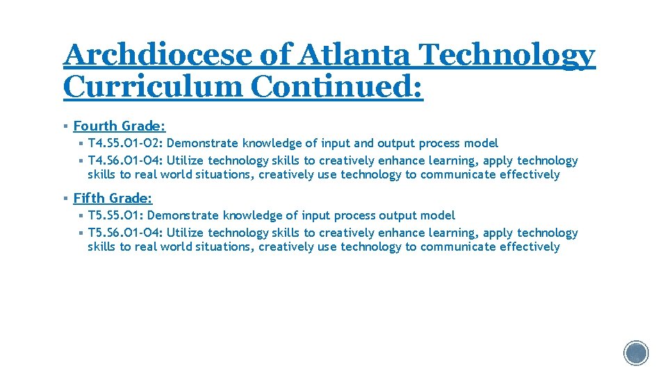 Archdiocese of Atlanta Technology Curriculum Continued: § Fourth Grade: § T 4. S 5.