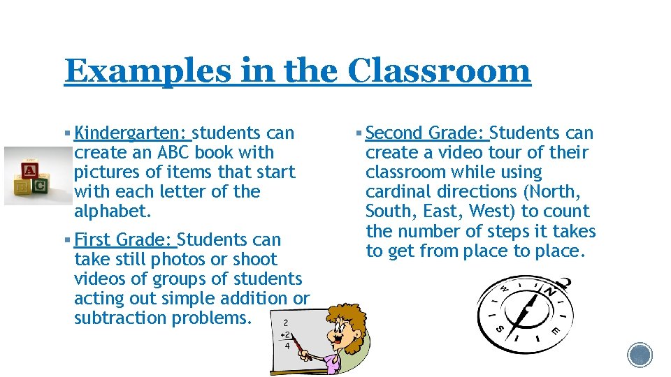 Examples in the Classroom § Kindergarten: students can create an ABC book with pictures