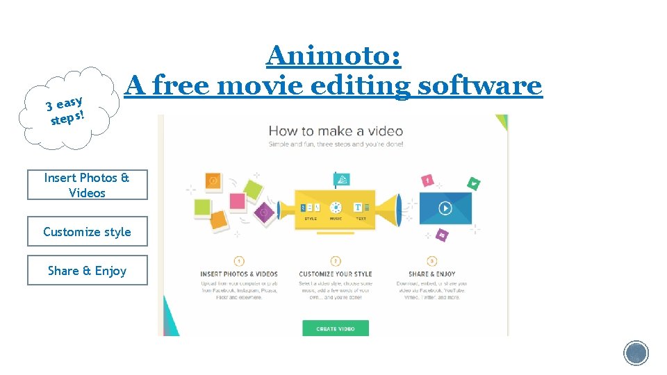 y 3 eas ! steps Animoto: A free movie editing software Insert Photos &