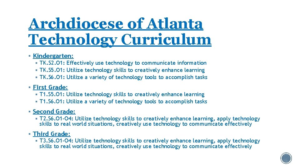 Archdiocese of Atlanta Technology Curriculum § Kindergarten: § TK. S 2. O 1: Effectively