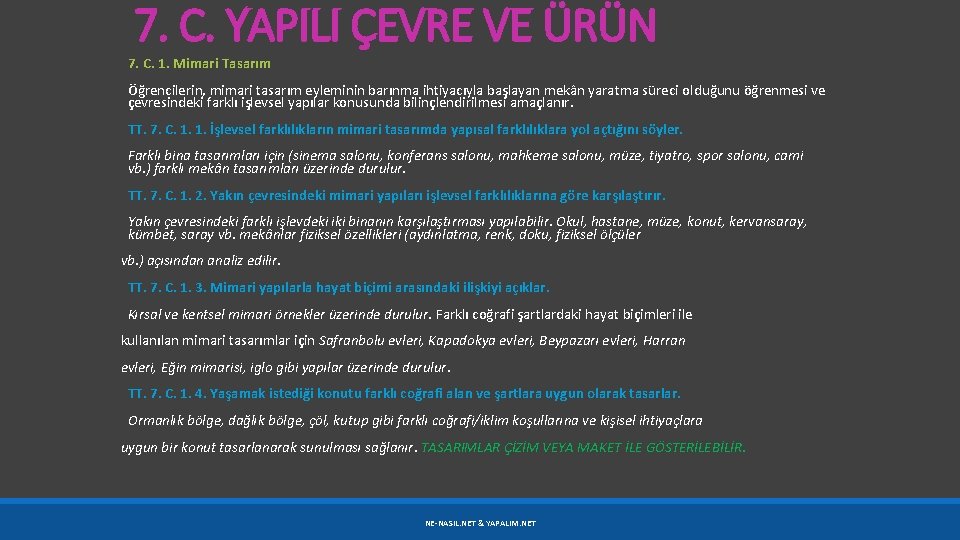 7. C. YAPILI ÇEVRE VE ÜRÜN 7. C. 1. Mimari Tasarım Öğrencilerin, mimari tasarım