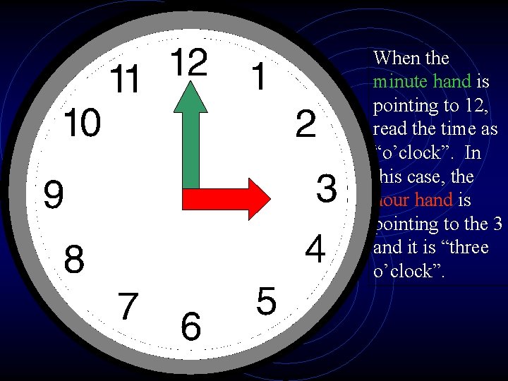 When the minute hand is pointing to 12, read the time as “o’clock”. In