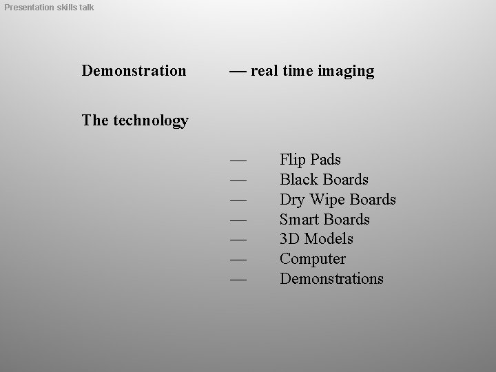 Presentation skills talk Demonstration — real time imaging The technology — — — —