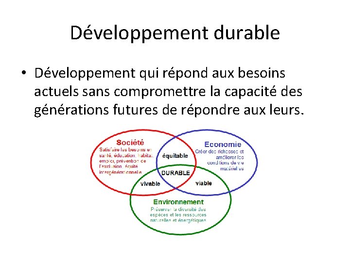 Développement durable • Développement qui répond aux besoins actuels sans compromettre la capacité des