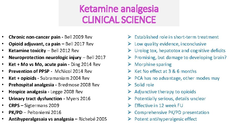 Ketamine analgesia CLINICAL SCIENCE • • • • Chronic non-cancer pain - Bell 2009