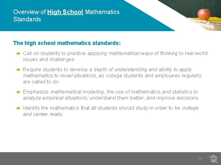 Overview of High School Mathematics Standards The high school mathematics standards: Call on students