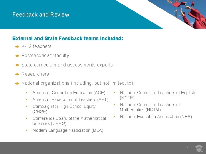 Feedback and Review External and State Feedback teams included: K-12 teachers Postsecondary faculty State