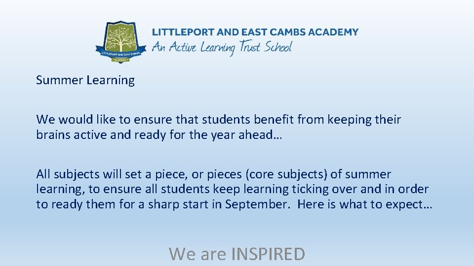 Summer Learning We would like to ensure that students benefit from keeping their brains