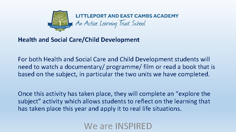 Health and Social Care/Child Development For both Health and Social Care and Child Development