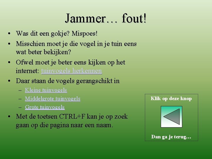 Jammer… fout! • Was dit een gokje? Mispoes! • Misschien moet je die vogel