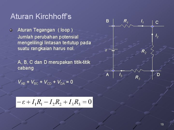 Aturan Kirchhoff’s Aturan Tegangan ( loop ) Jumlah perubahan potensial mengelilingi lintasan tertutup pada