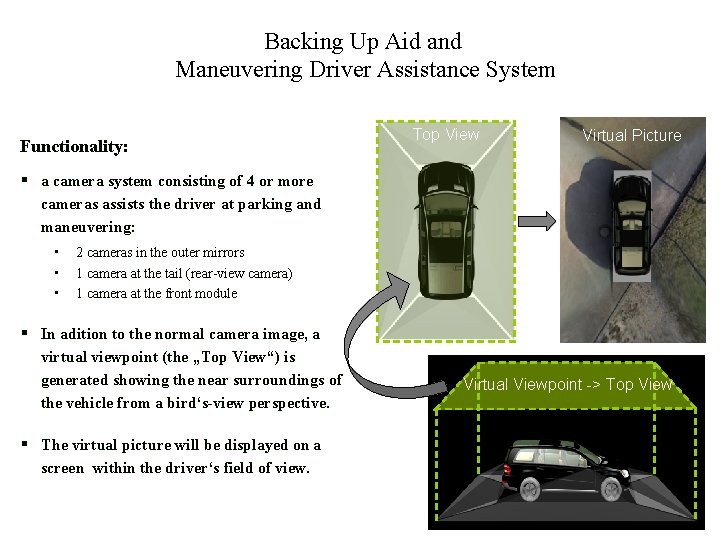 Backing Up Aid and Maneuvering Driver Assistance System Functionality: Top View Virtual Picture §