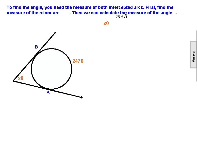 To find the angle, you need the measure of both intercepted arcs. First, find