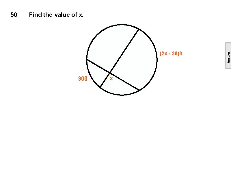 Find the value of x. (2 x - 30)0 300 x Answer 50 