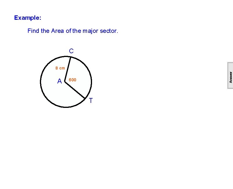 Example: Find the Area of the major sector. C A Answer 8 cm 600