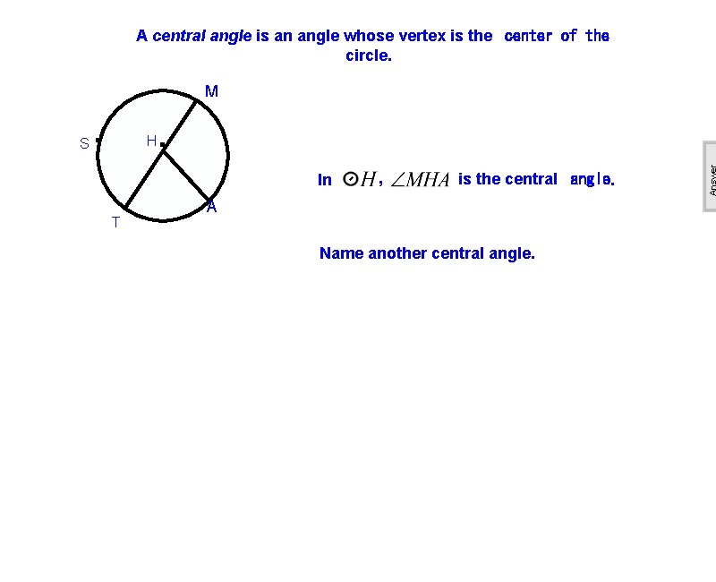 A central angle is an angle whose vertex is the center of the circle.