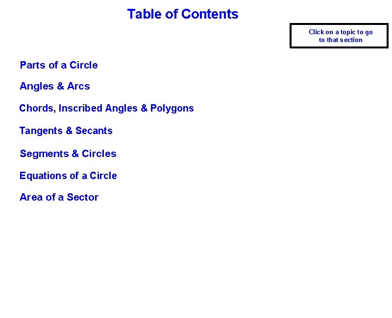 Table of Contents Click on a topic to go to that section Parts of