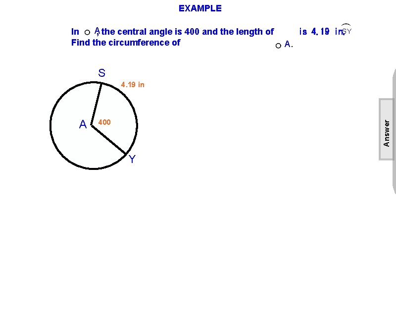 EXAMPLE A, the central angle is 400 and the length of In Find the