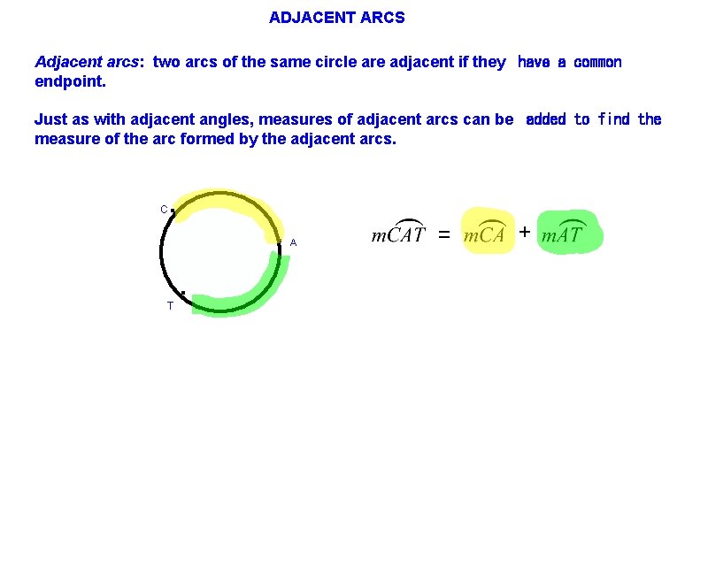 ADJACENT ARCS Adjacent arcs: two arcs of the same circle are adjacent if they