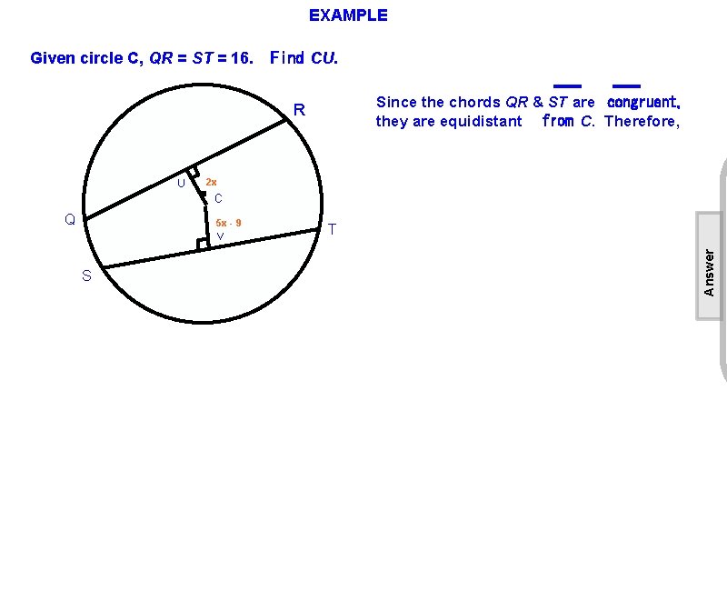 EXAMPLE Given circle C, QR = ST = 16. Find CU. Since the chords