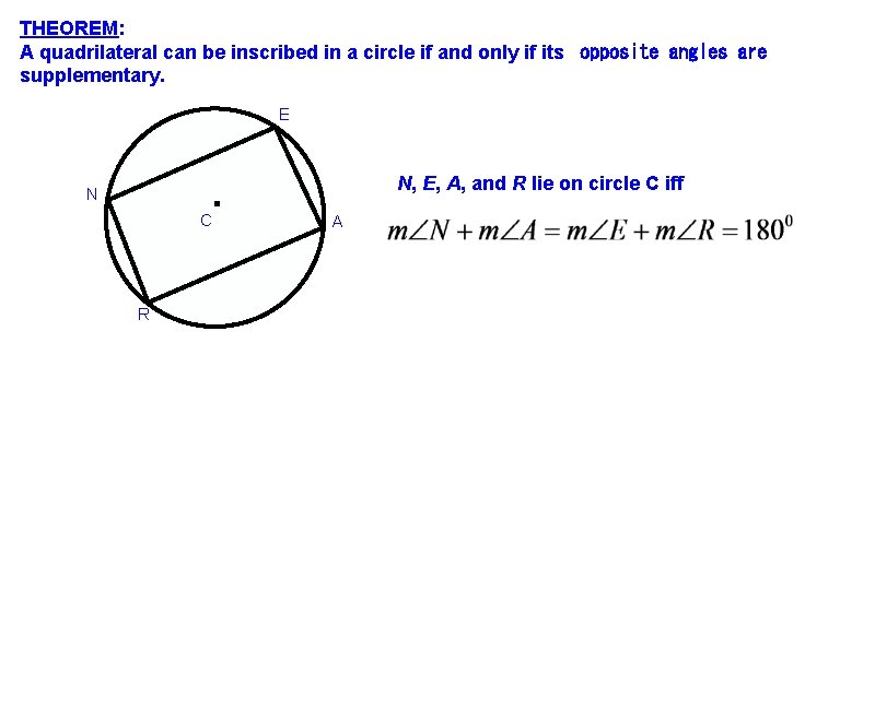 THEOREM: A quadrilateral can be inscribed in a circle if and only if its