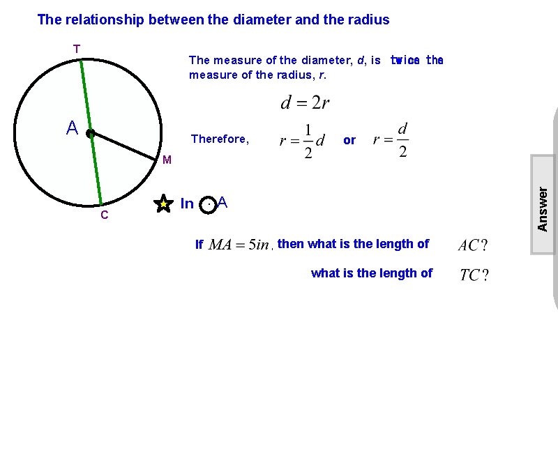 The relationship between the diameter and the radius T The measure of the diameter,