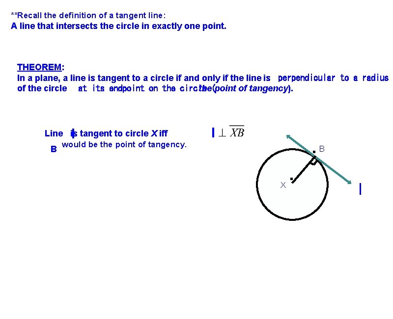 **Recall the definition of a tangent line: A line that intersects the circle in