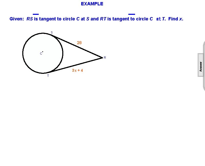 EXAMPLE Given: RS is tangent to circle C at S and RT is tangent