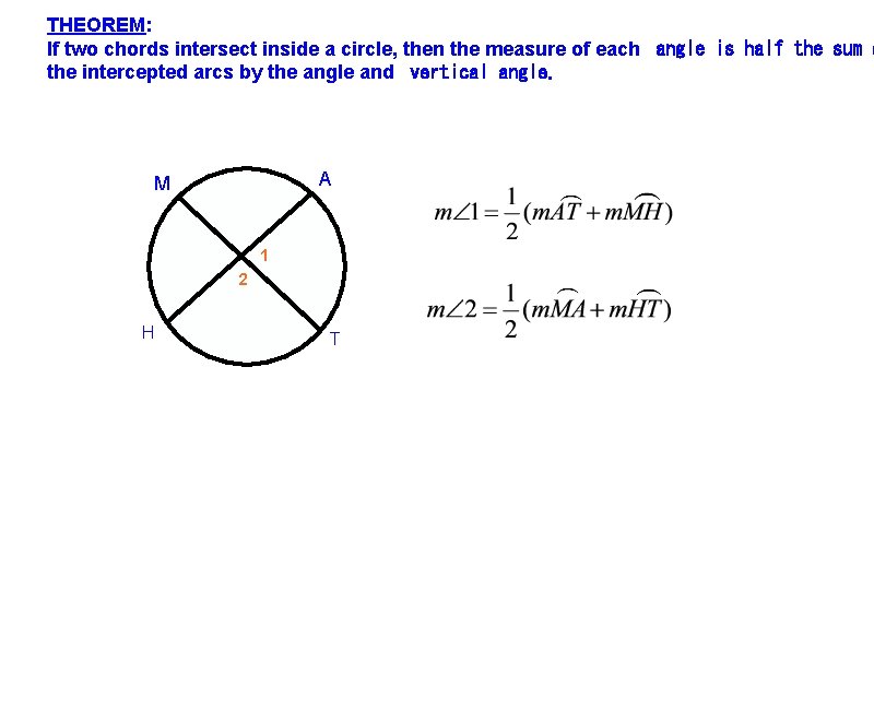 THEOREM: If two chords intersect inside a circle, then the measure of each angle