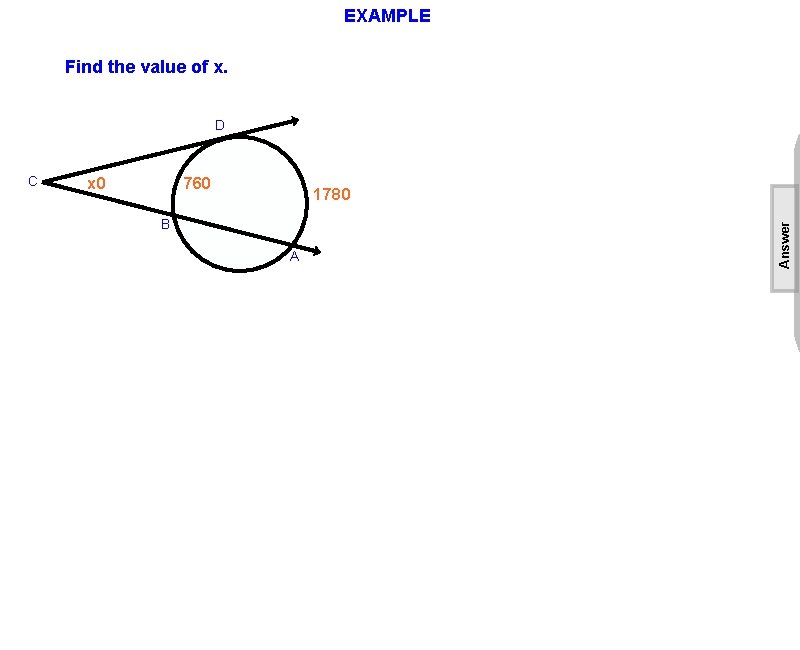 EXAMPLE Find the value of x. D x 0 760 1780 B A Answer