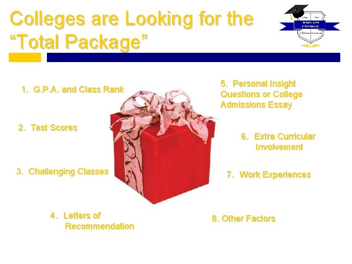 Colleges are Looking for the “Total Package” 1. G. P. A. and Class Rank