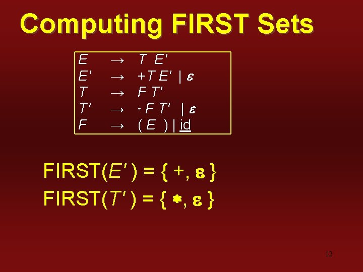 Computing FIRST Sets E E' T T' F → → → T E' +T
