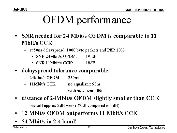 July 2000 doc. : IEEE 802. 11 -00/188 OFDM performance • SNR needed for