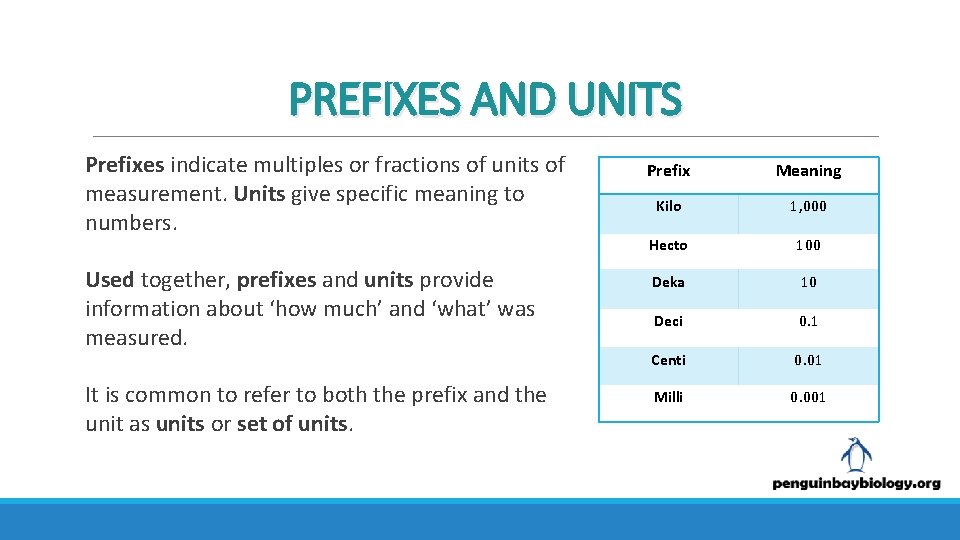 PREFIXES AND UNITS Prefixes indicate multiples or fractions of units of measurement. Units give