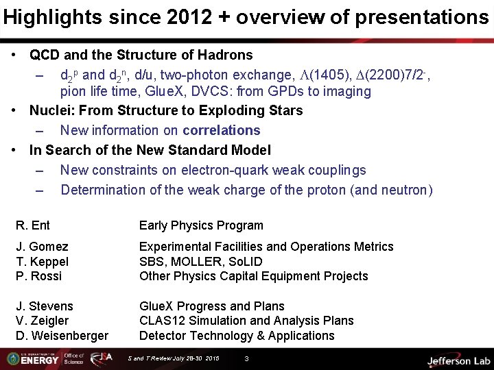 Highlights since 2012 + overview of presentations • QCD and the Structure of Hadrons