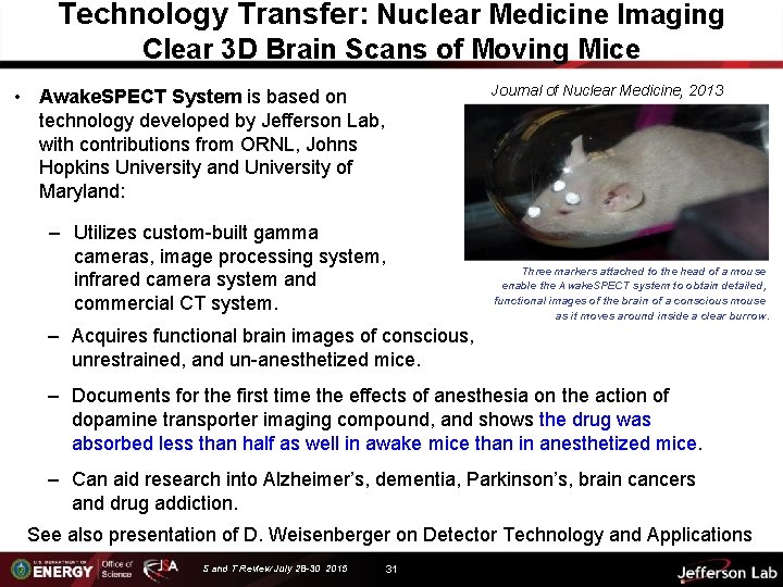 Technology Transfer: Nuclear Medicine Imaging Clear 3 D Brain Scans of Moving Mice Journal