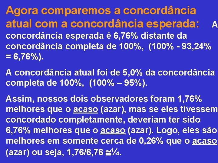 Agora comparemos a concordância atual com a concordância esperada: A concordância esperada é 6,