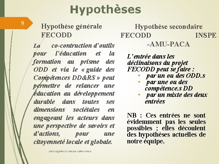 Hypothèses 9 Hypothèse générale FECODD La Hypothèse secondaire FECODD INSPE -AMU-PACA co-contruction d’outils pour