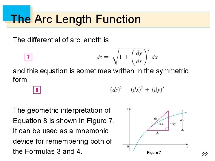 The Arc Length Function The differential of arc length is and this equation is