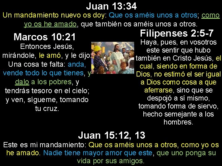 Juan 13: 34 Un mandamiento nuevo os doy: Que os améis unos a otros;