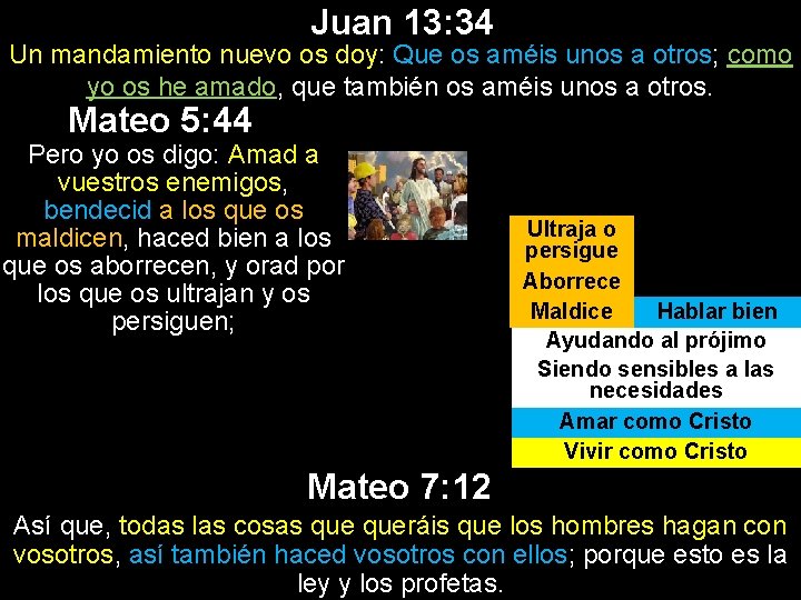 Juan 13: 34 Un mandamiento nuevo os doy: Que os améis unos a otros;