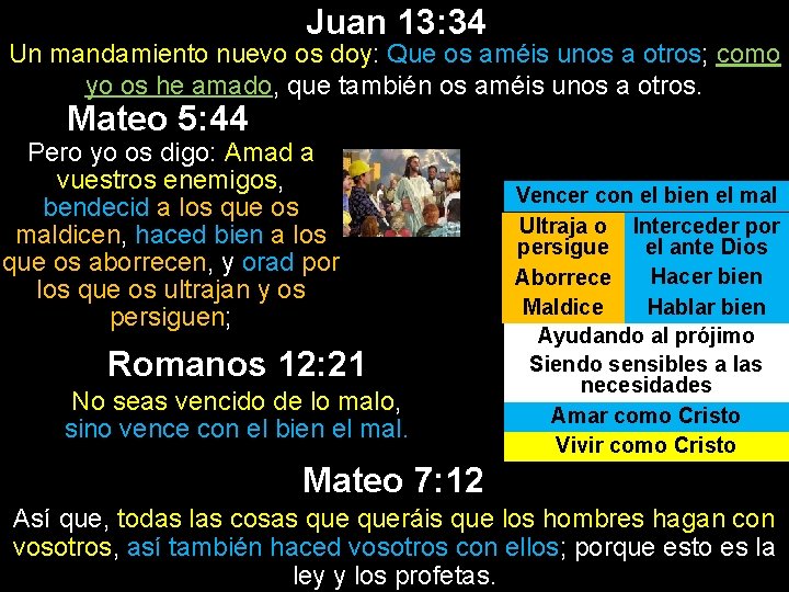 Juan 13: 34 Un mandamiento nuevo os doy: Que os améis unos a otros;