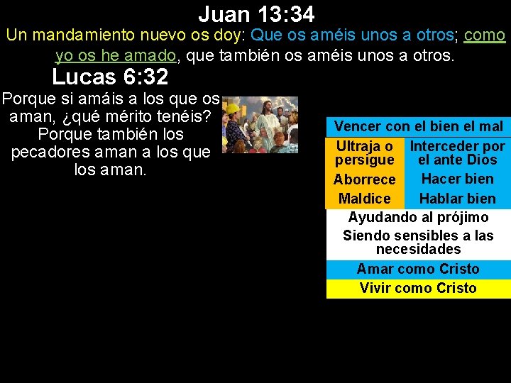 Juan 13: 34 Un mandamiento nuevo os doy: Que os améis unos a otros;