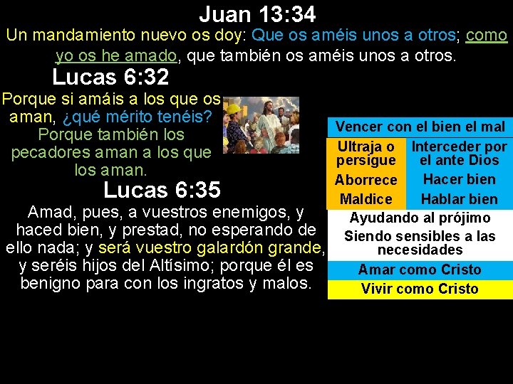 Juan 13: 34 Un mandamiento nuevo os doy: Que os améis unos a otros;