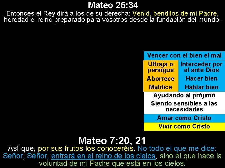 Mateo 25: 34 Entonces el Rey dirá a los de su derecha: Venid, benditos